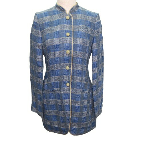 【中古】エンポリオアルマーニ EMPORIO ARMANI 長袖 サマージャケット スタンドカラー チェック ロングブレザー リネン混 背抜き 38 Mサイズ相当 ブルー系 k385610 0417 レディース 【ベクトル 古着】 260417