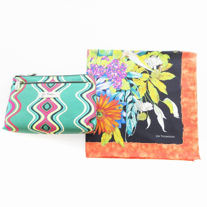 【中古】ジムトンプソン JIM THOMPSON スカーフ ポーチ 2点セット 絹 シルク 花柄 緑 グリーン オレンジ 黒 ブラック /UO レディース 【ベクトル 古着】 250522