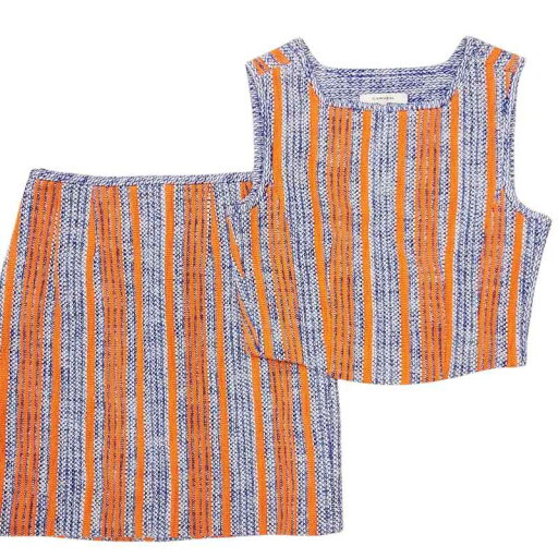 【中古】カルヴェン CARVEN 美品 セットアップ 上下 ツイード クロップド丈 ノースリーブ カットソー ミニスカート 台形 ストライプ 36 青 ブルー オレンジ 0525 レディース 【ベクトル 古着】 250525 【中古】カルヴェン CARVEN 美品 セットアップ 上下 ツイード クロップド丈 ノースリーブ カットソー ミニスカート 台形 ストライプ 36 青 ブルー オレンジ 0525 レディース 【ベクトル 古着】 250525