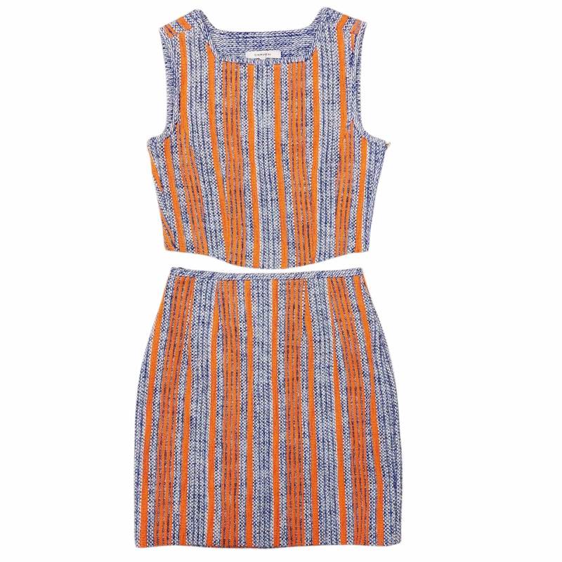 【中古】カルヴェン CARVEN 美品 セットアップ 上下 ツイード クロップド丈 ノースリーブ カットソー ミニスカート 台形 ストライプ 36 青 ブルー オレンジ 0525 レディース 【ベクトル 古着】 250525