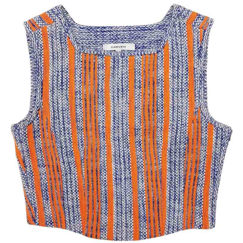 【中古】カルヴェン CARVEN 美品 セットアップ 上下 ツイード クロップド丈 ノースリーブ カットソー ミニスカート 台形 ストライプ 36 青 ブルー オレンジ 0525 レディース 【ベクトル 古着】 250525