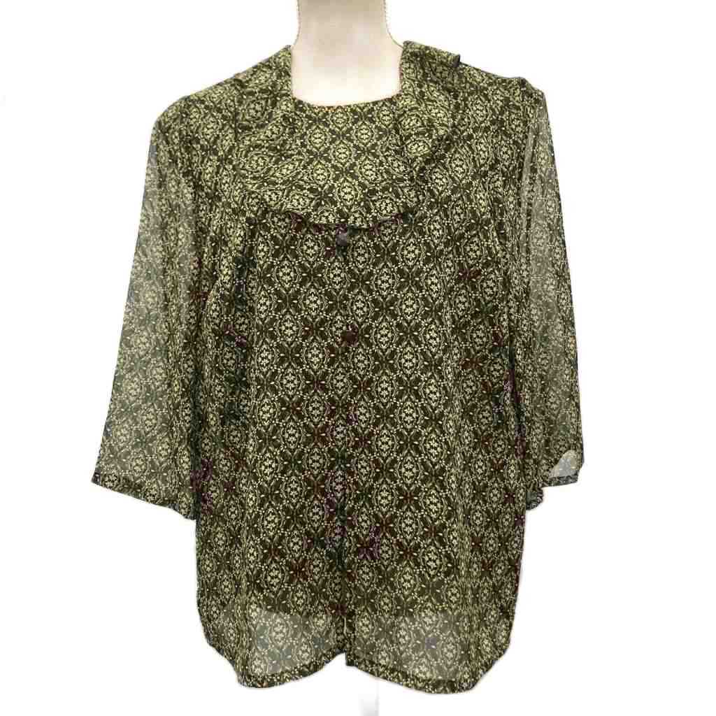 【中古】レリアン Leilian アンサンブル シャツ ブラウス 総柄 茶 ブラウン 大きいサイズ 13+ ■GY09 レ..