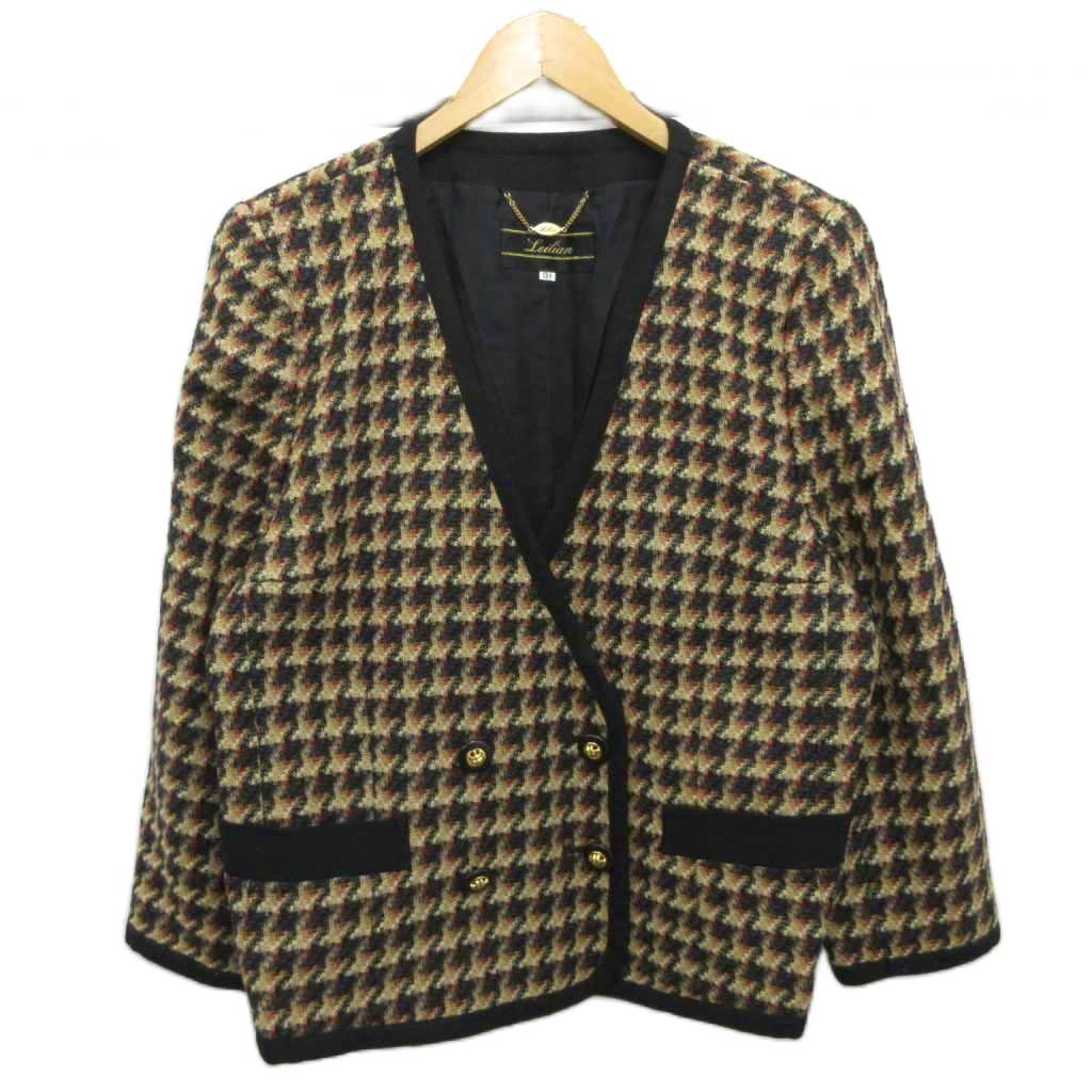 【中古】レリアン Leilian 美品 ジャケット ブレザー 千鳥格子 ダブルボタン 絹 シルク混 大きいサイズ 13+ XL 黒 ブラック ベージュ 赤 レッド ■YHS4 レディース 【ベクトル 古着】 250918