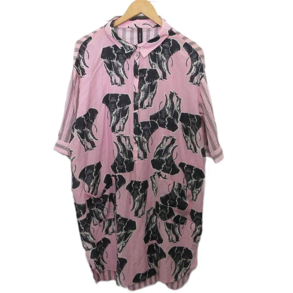 【中古】マークケイン MARC CAIN シャツワンピース 半袖 ミモレ ロング ストライプ アニマル柄 総柄 2 ピンク 黒 ブラック レディース 【ベクトル 古着】 250925