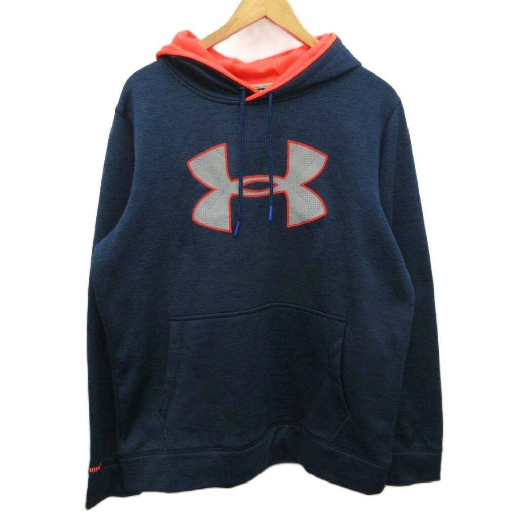 【中古】アンダーアーマー UNDER ARMOUR パーカー トレーナー フーディー ビッグプリント 紺 ネイビー ..