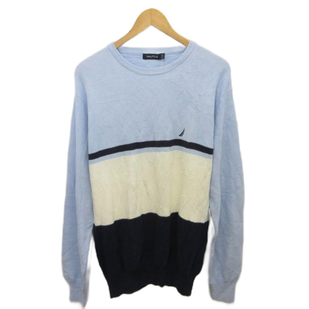 【中古】ノーティカ NAUTICA コットンニット セーター ボーダー オーバーサイズ XL 青 ブルー 白 ホワイト 紺 ネイビー ■MET2 メンズ 【ベクトル 古着】 251102(4)
