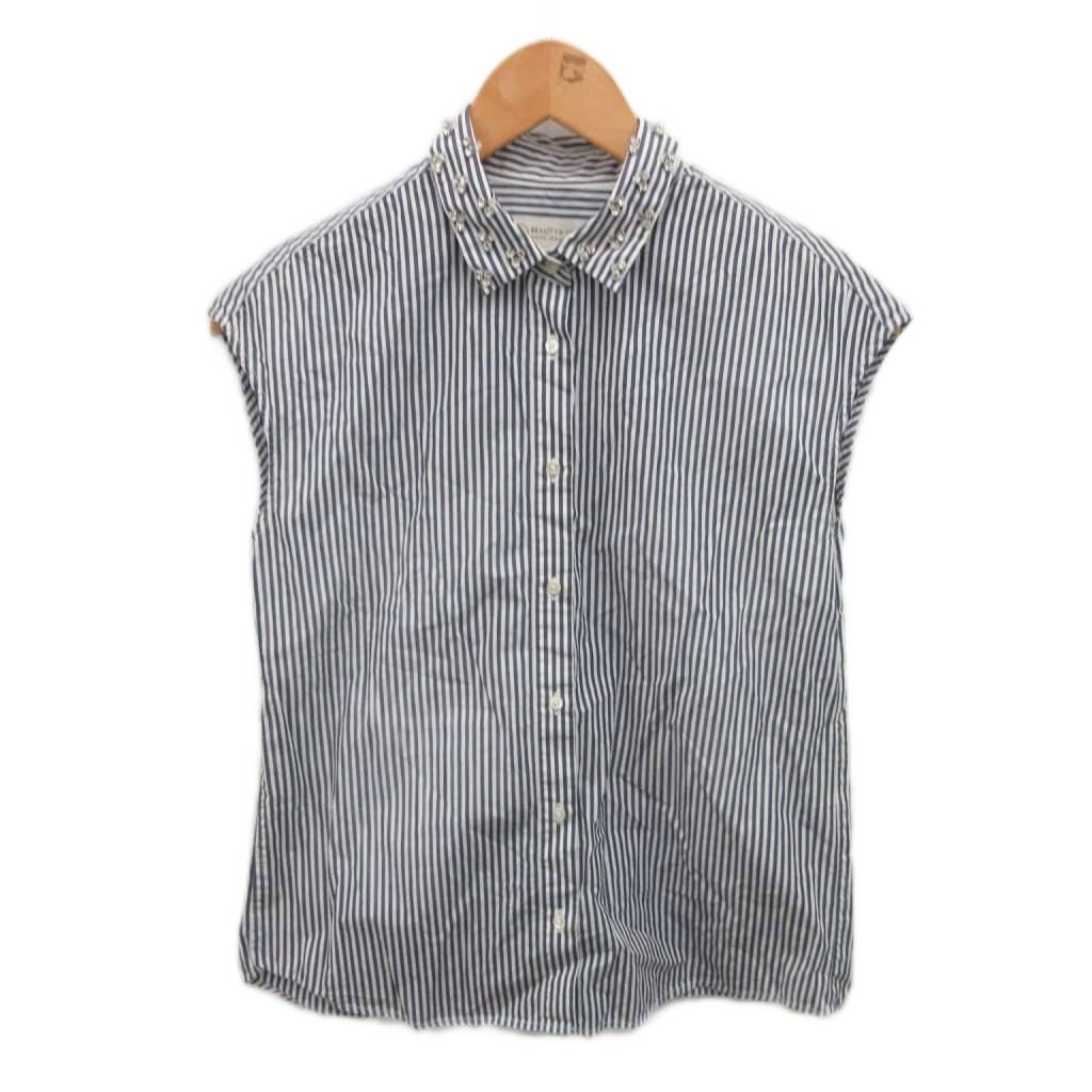 【中古】B&Y ユナイテッドアローズ BEAUTY&YOUTH ビューティー&ユース ノースリーブシャツ ストライプ ビジュー グレー 白 ホワイト 16..