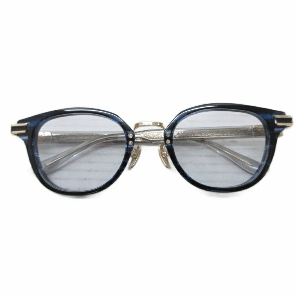 【中古】Ptolemy48 トレミー48 美品 Emperor E-101 眼鏡 アイウェア ウェリントン 彫金 度無し 伊達 48□22 140 青 ブルー ゴールドカラー メンズ 【ベクトル 古着】 260311