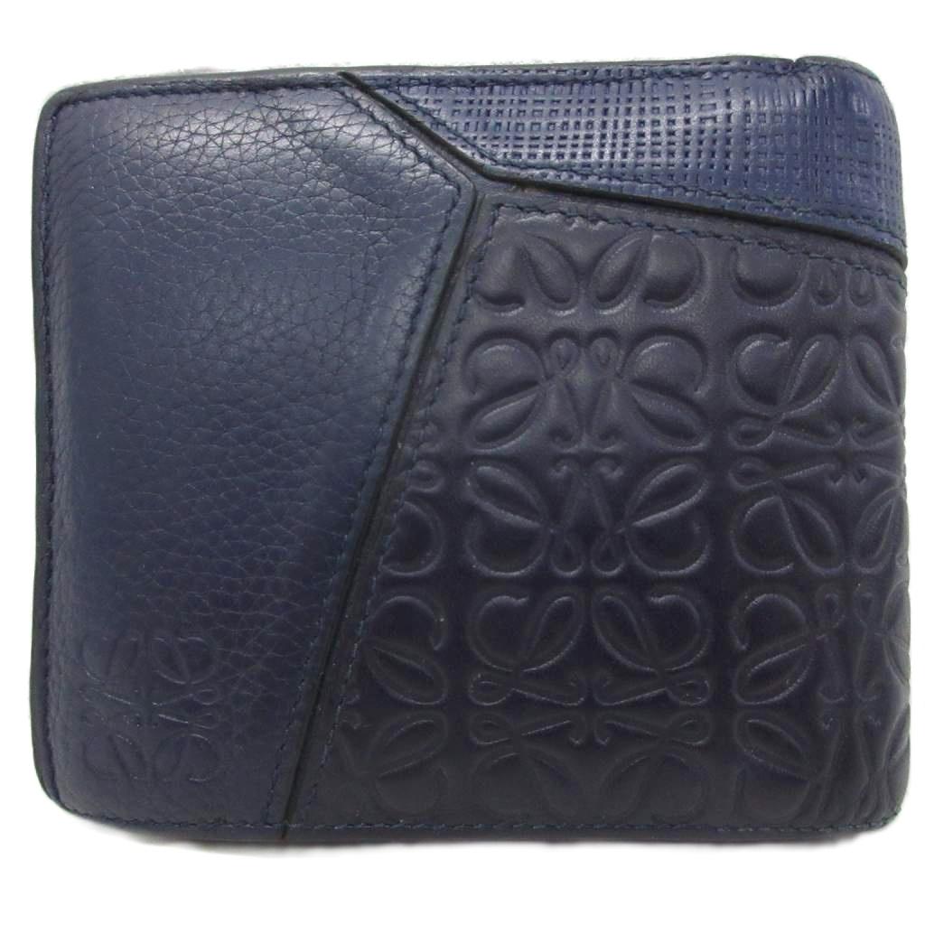 M - 【中古】ロエベ LOEWE パズル バイフォールド ウォレット 財布 二つ折り 小銭入れ有 アナグラム 型押し レザー 皮革 紺 ネイビー メンズ 【ベクトル 古着】 260321