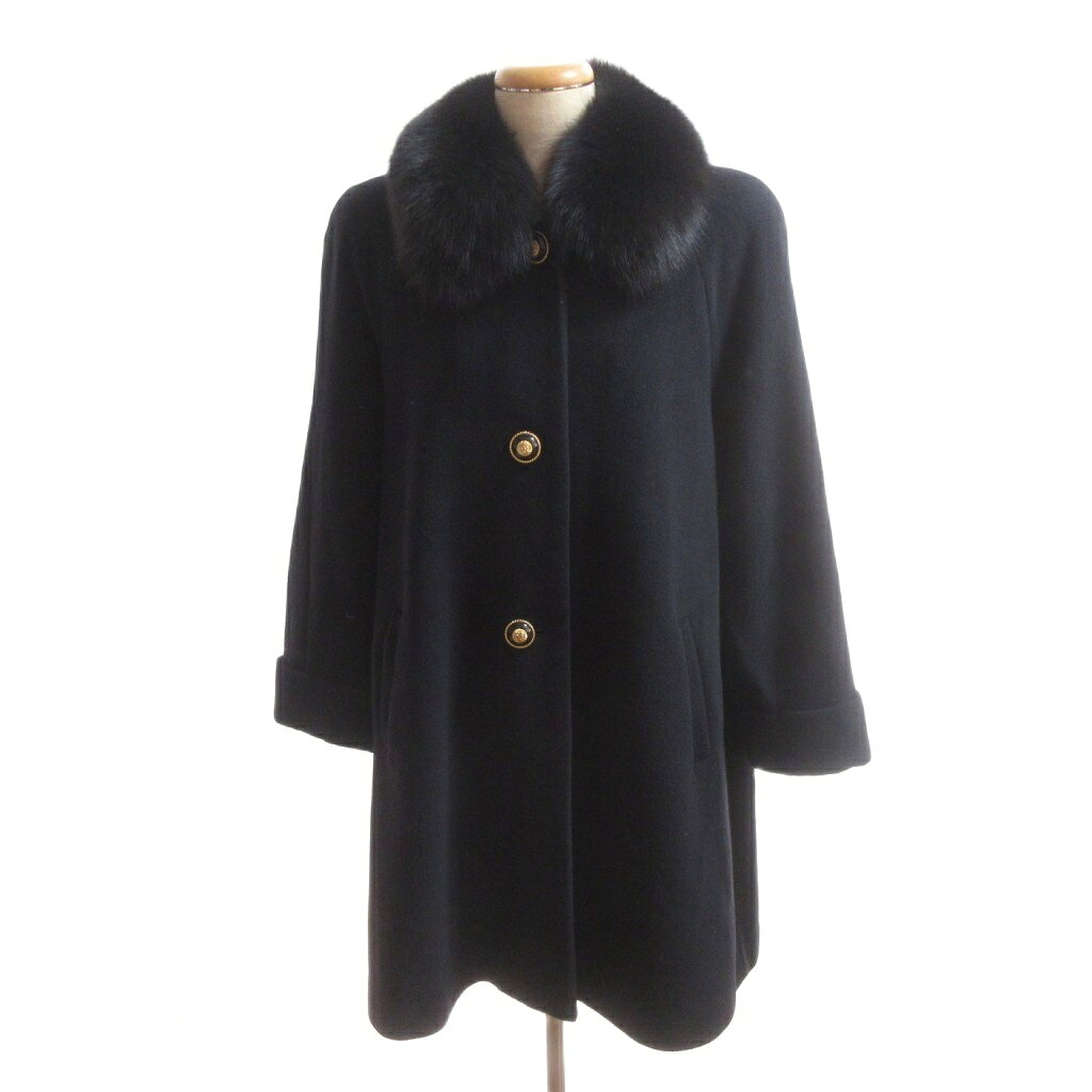 MISS AMBROSINI 銀座マギー 美品 ステンカラーコート ウール 9 黒 ブラック ファーカラー 装飾ボタン ミドル丈 /SJ レディース  260424