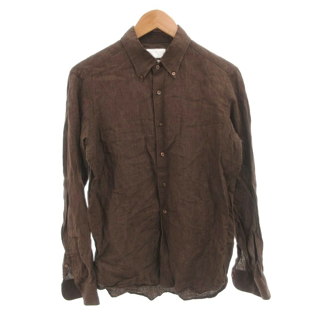 中古 メーカーズシャツ カマクラ MAKER'S SHIRT 鎌倉 リネン シャツ カジュアル 麻 長袖 M 茶 ブラウ…