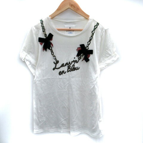 【中古】ランバンオンブルー LANVIN en Bleu Tシャツ カットソー 半袖 ラウンドネック リボン ビジュー プリント 38 M 白 ホワイト /SM18 ■GY12 レディース 【ベクトル 古着】 241018