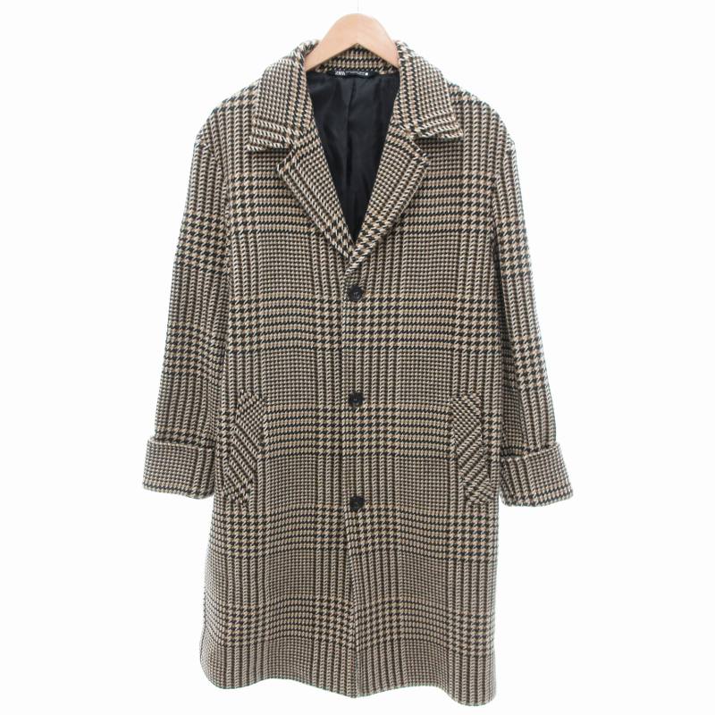 【中古】ザラ ZARA チェスターコート チェック ロールアップ ロング M 茶 ブラウン系 /HO△ 0312 メンズ 【ベクトル 古着】 250313