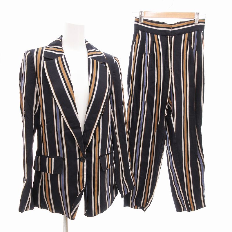 【中古】未使用品 エイチ&エム H&M タグ付き セットアップ パンツスーツ フォーマル テーラードジャケット テーパード ストライプ 1B 34 S 濃紺 茶 マルチカラー ■GY19 /VU● 0129 レディース 【ベクトル 古着】 250130