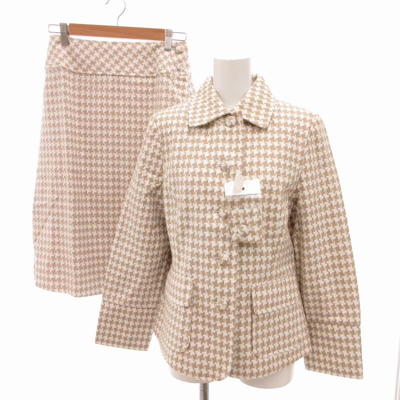 【中古】未使用品 シーピーエーシンプルナチュラル C.P.A SIMPLE NATURAL セットアップ 上下 ジャケット フレアスカート シングル ひざ丈 千鳥格子柄 11AR 67 M ベージュ 白 ホワイト /GV レディース 【ベクトル 古着】 250202