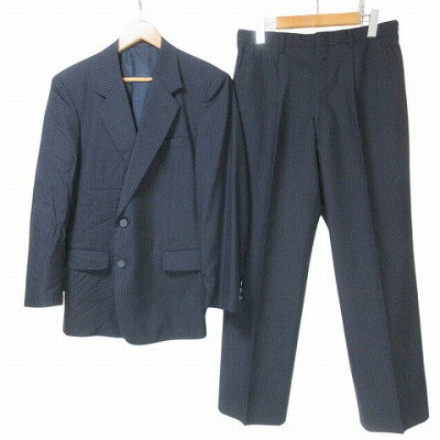【中古】Blue Hills セットアップ スーツ シングル テーラード ジャケット 2B 背抜き パンツ スラックス タック ウール ストライプ ビジネス A5 L相当 紺 ネイビー ■GY22 X メンズ 【ベクトル 古着】 250610