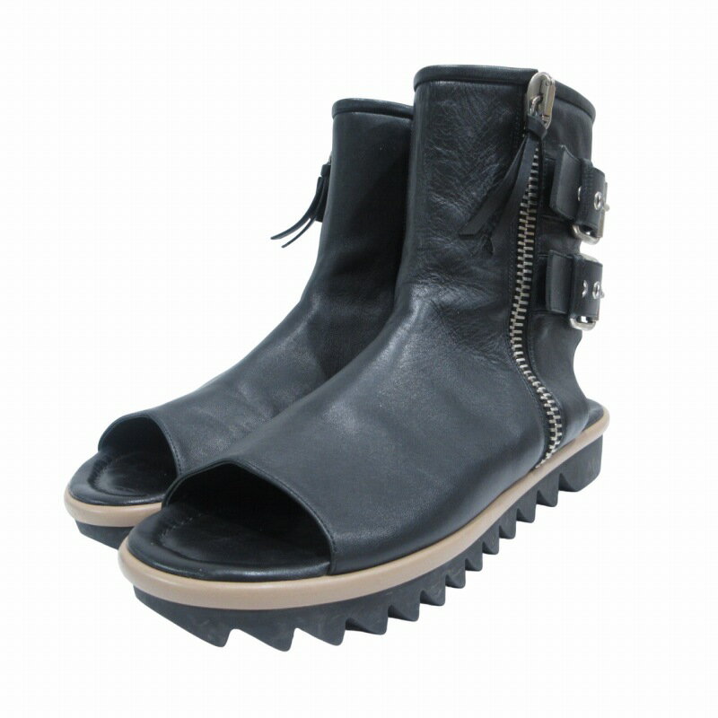 【中古】ジュゼッペザノッティデザイン GIUSEPPE ZANOTTI DESIGN ブーツ サンダル オープントゥ サイドジップ ベルトモチーフ ストラップ レザー 皮革 黒 ブラック 43 約28cm メンズ 【ベクトル 古着】 250607
