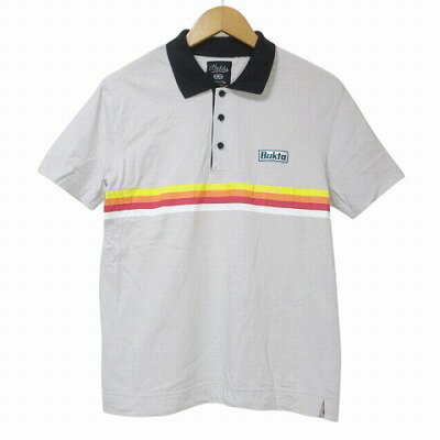 【中古】バクタ Bukta ポロシャツ ロゴ ワッペン ストライプ プリント 半袖 L グレー系 X メンズ 【ベクトル 古着】 250629表記サイズL実寸サイズ肩幅：41cm　身幅：45cm　着丈：60cm　袖丈：19cm　　素材綿10...