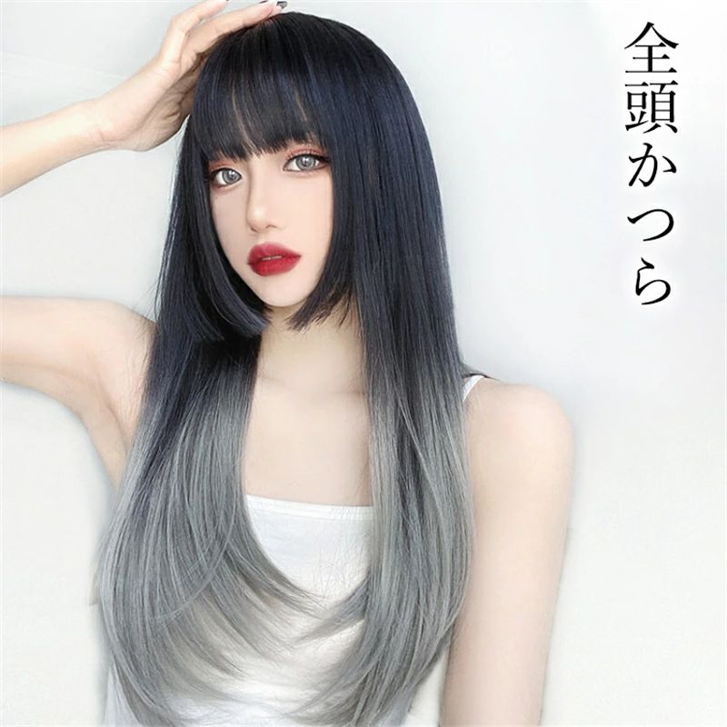 ウィッグ ロング ストレート姫カット ウイッグ 黒髪 グラデーション 女装 フルウィッグ ロリータ コスプレ かつら wig 小顔 自然 耐熱