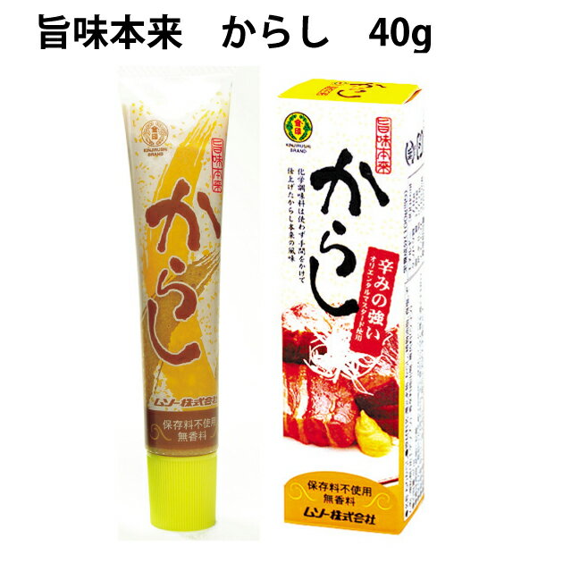 オリエンタルマスタードを使用した辛味の強いからし。化学調味料、保存料料不使用、無香料で手間をかけて仕上げたので、からし本来の風味が味わえます。便利なチューブ入りタイプ。原材料：水あめ、からし、なたね油（遺伝子組換えでない）、食塩、食物繊維（じゃがいも：遺伝子組換えでない）／香辛料抽出物内容量：40g　　数量：60本　　製造者：ムソー