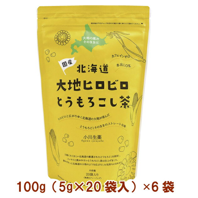 北海道産とうもろこしを100％使用したノンカフェインのお茶。ほんのり甘く香ばしい味わいです。1包を3〜5分煮出して500ml分のお茶をつくれ、水出しもできます。原材料：とうもろこし（北海道産）内容量：100g（5g×20）　数量：6パック　販売者：小川生薬