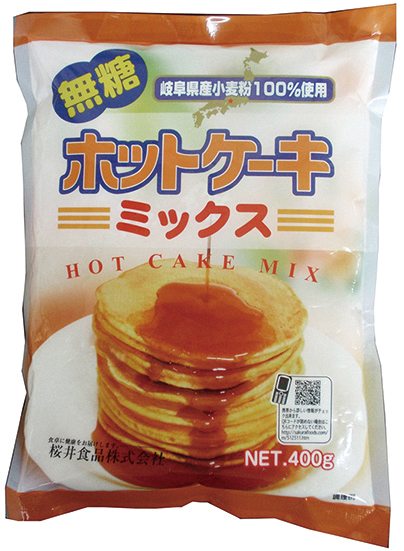 岐阜県産小麦粉を使用したミックス粉。砂糖を使用しておりませんので、お好みで甘味を加えてください。原材料：小麦粉（岐阜県産）、食塩、膨張剤（重曹）(中国産)内容量：400g　数量：20袋　メーカー：桜井