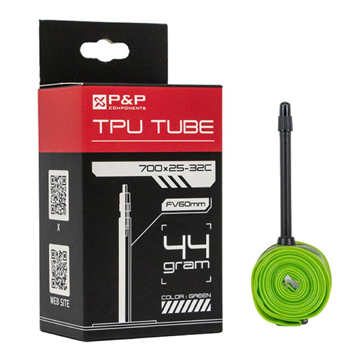 ■適応タイヤサイズ：700×25-32C ■バルブ長：60mm ■重量(平均値)：約44g ■空気圧：50PSI-120PSI 　※CO2ボンベ使用不可 ■商品コード：HO【218005】 ■JAN：【4977323097368】 ※商品のスペック・パッケージ・デザインは予告なく変更される場合がございます。 　予めご了承ください。P&P COMPONENTS TPU TUBE 25〜32Cまで対応するTPUチューブ ・一般的なブチルチューブに比べ、重量約44g(平均)と非常に軽量。 ・熱可塑性ポリウレタンを素材に使用し、上記の重量を実現。 ・使用するタイヤによっては、チューブレスレディの運用よりも軽量になり、 　手軽にバイクを軽量化したい方におすすめ。 ・最大32Cのタイヤまで対応しているため、近年ロードバイクにおけるトレンドの 　28〜30Cの太めのタイヤでも安心して使用できる。