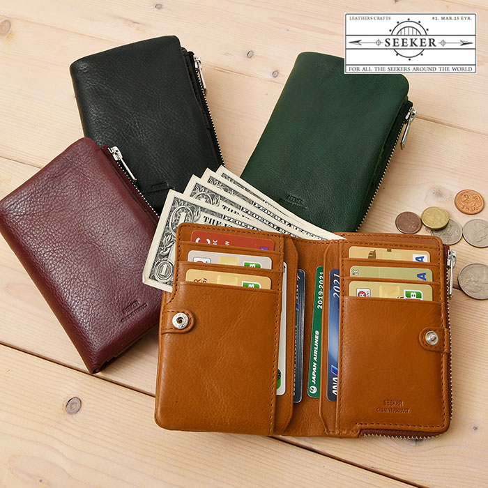 SEEKER シーカー 送料無料 SKW-TC03 本革 牛革 二つ折り L字ファスナー 短財布 ベジタブルタンニンレザ..