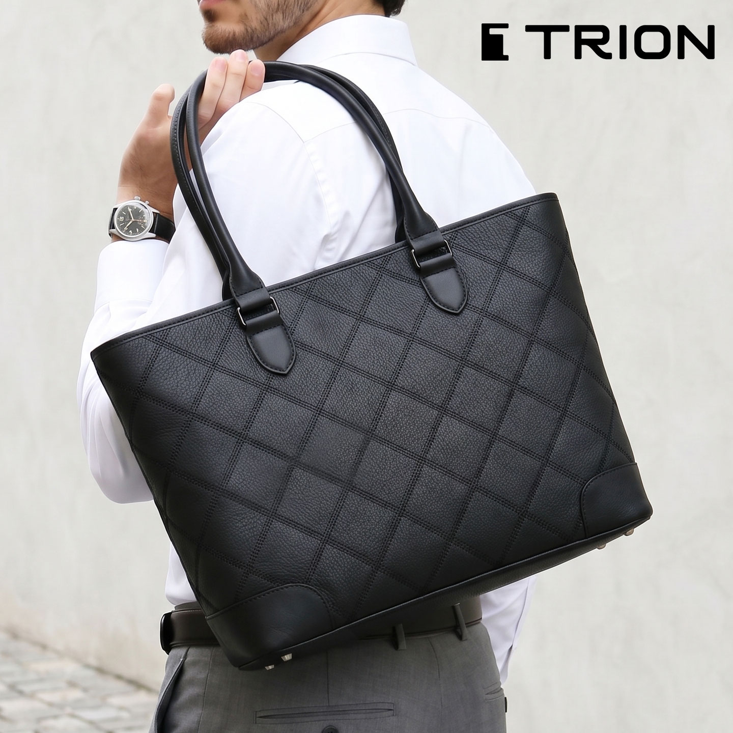 TRION DPC265R Genuine Leather Tote Bag for Men - Free Shipping. Suitable for B4 size, B4 size, and larger. Ideal for job interviews, commuting, and everyday use. Features a patchwork design for casual wear. Fits A4 size, Boston bag, and can accommodate tablets and laptops.