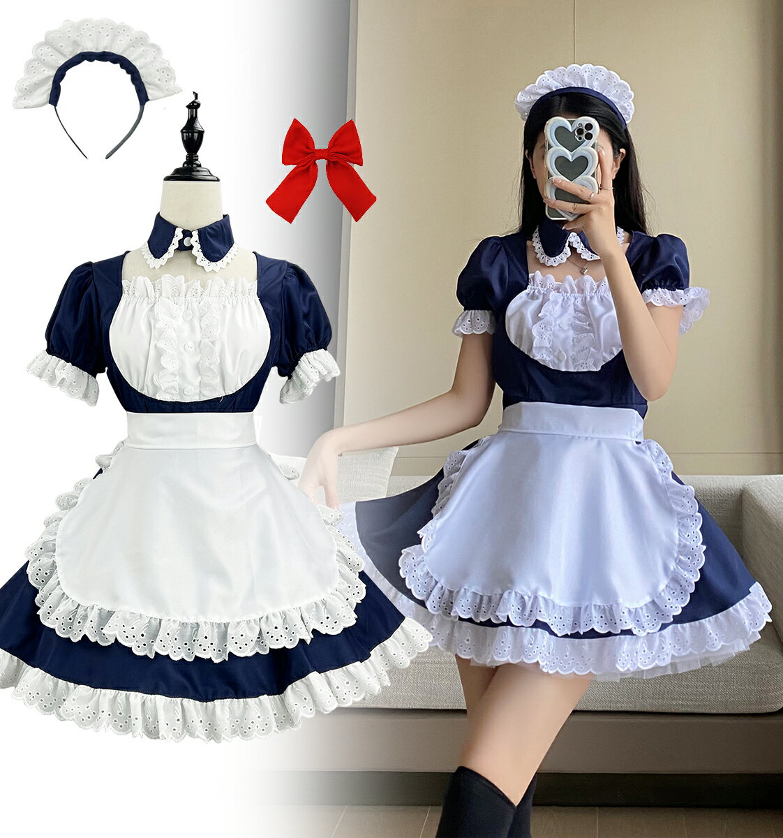 「当店全品500円クーポン」メイド服 コスプレ コンカフェ メイド ショート丈 可愛い レースフリル メイドコスチューム ハロウィン仮装 レディース メンズ セット 一式 こすぷれ イベント パーティー 大人 女装 ハロウィン 学園祭 撮影