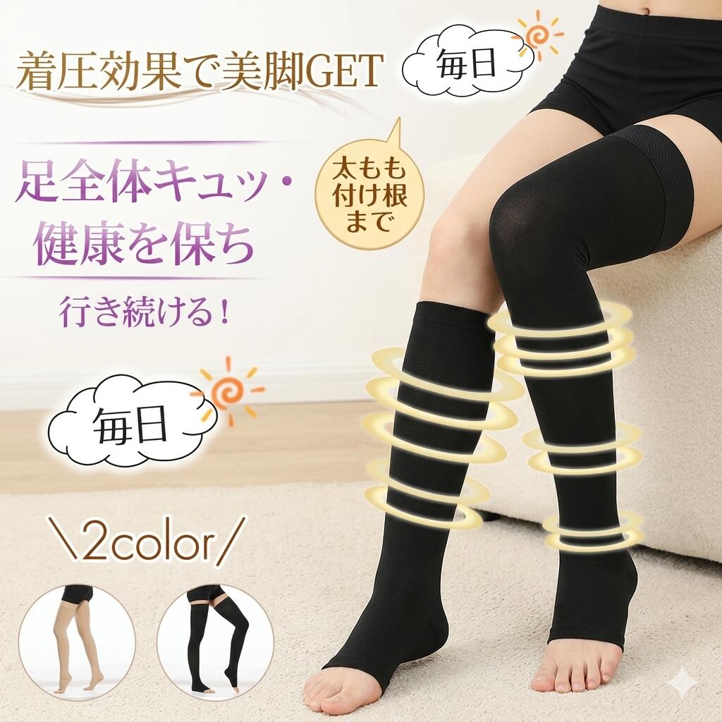 Other - 【5/14限定マラソン40％OFF&P5倍】着圧ソックス ストッキング 膝上 ロング 弾性 メンズ レディース 男女兼用 つま先なし オープントゥ 強め 段階着圧 太ももまでしっかりサポート 立ち仕事 座り仕事 旅行に 引き締め リンパケア フットケア ブラック