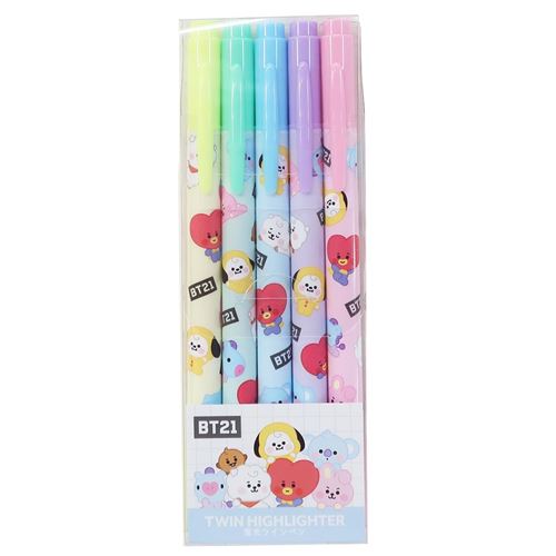 蛍光 ツイン ペン 5色セット カラー マーカー BT21 LINE FRIENDS カミオジャパン 蛍光ペン ネオンマーカー 新学期準備雑貨 商品 メール便可のサムネイル