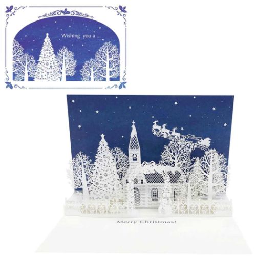 クリスマスカード jx52-3 グリーティングカード CHRISTMAS レーザーカット青い夜空に白い木々 サンリオ プレゼント Xmasカード メール便可手紙 デザイン レターセット おしゃれ デザイン メッセージMERRY CHRISTMAS贈ってももらっても楽しいかわいいクリスマスカードカードを開くと、教会やその上を飛ぶそりに乗ったサンタなどが立ち上がります。中のパーツは繊細なレーザーカットで表現されていて、とりわけクリスマスツリーのオーナメントや木々の枝の緻密さが魅力です。サイズ：約105x152mmコピーライト：2008, 2014 SANRIO CO., LTD.▼