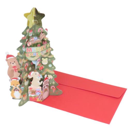 クリスマスツリーカード 立体 ポップアップカード グリーティングカード Miki Takahashi 森の動物 アニ..