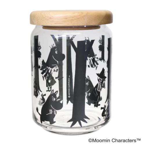 木蓋ガラスキャニスター 620ml 保存容器 ムーミン 木のパターン　ブラック 北欧 タカサカ インターナシ..