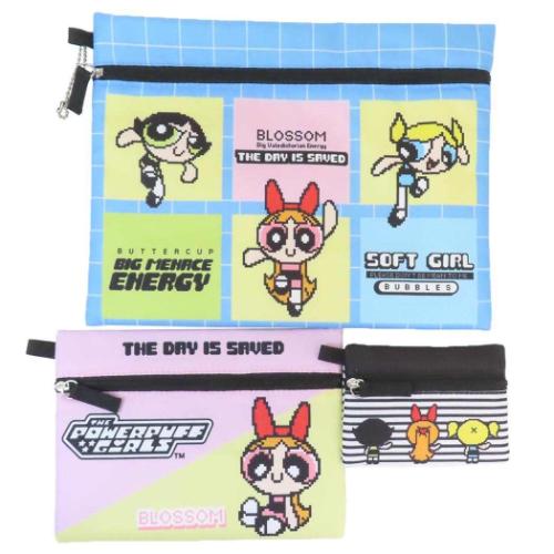 3連ポーチ フラットポーチ 平ポーチ大中小3点セット パワーパフガールズ ピクセルアート マリモクラフ..