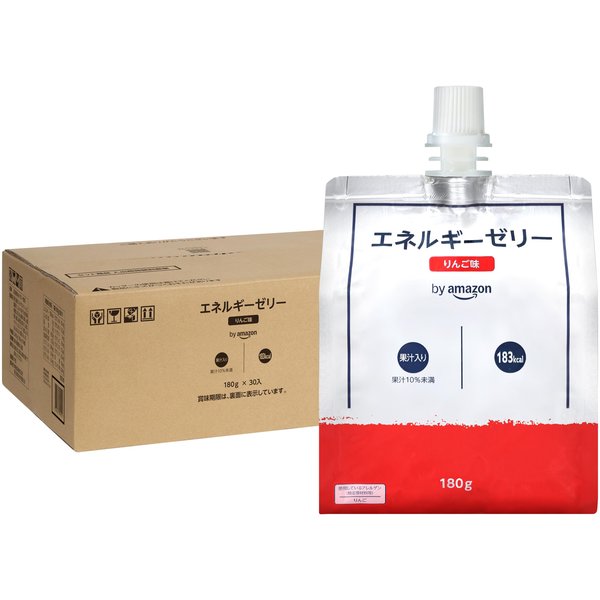 ※他店舗と在庫併用の為、品切れの場合は、ご容赦ください。商品紹介 エネルギーゼリー りんご味はブランドのこんにゃく入りゼリー飲料です。 お客様が求める商品を企画し、製造まで、品質確認を徹底しています。 ハンディータイプで食べやすく、お手軽にエネルギー摂取が可能です。原材料・成分原材料・成分原材料：異性化液糖、マルトデキストリン、りんご濃縮果汁、こんにゃく粉/ゲル化剤（増粘多糖類、CMC-Na）、酸味料、香料、pH調整剤、乳酸Ca、酸化防止剤（V.C）、塩化K、ナイアシン、V.E、パントテン酸Ca、V.A、V.B6、V.B2、V.B1、葉酸、V.B12、V.D3 栄養成分：1袋（180g）当たり：エネルギー183kcal、たんぱく質　0g、脂質　0g、炭水化物45.0g、食塩相当量0.15g、ビタミンA　294?、ビタミンB1　0.1 、ビタミンB2　0.1mg、ビタミンB6　0.7 mg、ビタミンB12　　0.3μg、ナイアシン　3mg、ビタミンC　91、ビタミンD　0.3?、ビタミンE　0.5、葉酸　56?、パントテン酸　0.8安全警告安全上のお知らせ・開封後は、お早めにお召し上がりください。・開封時に内容物が飛び出ることがありますので、ご注意ください。・内容成分が分離したり、内容液が褐変することがありますが、品質には問題ありません。・加熱したり、凍らせたりしないでください。容器が破損したり、成分が分離・沈殿することがあります。・のどに詰まらせないよう少しずつ押し出して、よく噛んでお召し上がりください。・キャップを口に入れないでください。誤飲の危険があります。・飲み口付近にゼリーの中身が透けて見えることがあります。・容器のフチ部のお取り扱いにご注意ください。【特徴】・内容量：180g×30個・サイズ(1個当たり：幅×奥行×高さ)：8.3×4×13・サイズ(1箱(30個入)当たり：幅×奥行×高さ)：36.8×25.8×13.4・重量(1箱当たり)：5.4Kg※商品仕様はメーカー都合などにより変更になる場合がございます。最新情報は個別にご確認ください。※他店舗と在庫併用の為、品切れの場合は、ご容赦ください。商品紹介 エネルギーゼリー りんご味はブランドのこんにゃく入りゼリー飲料です。 お客様が求める商品を企画し、製造まで、品質確認を徹底しています。 ハンディータイプで食べやすく、お手軽にエネルギー摂取が可能です。原材料・成分原材料・成分原材料：異性化液糖、マルトデキストリン、りんご濃縮果汁、こんにゃく粉/ゲル化剤（増粘多糖類、CMC-Na）、酸味料、香料、pH調整剤、乳酸Ca、酸化防止剤（V.C）、塩化K、ナイアシン、V.E、パントテン酸Ca、V.A、V.B6、V.B2、V.B1、葉酸、V.B12、V.D3 栄養成分：1袋（180g）当たり：エネルギー183kcal、たんぱく質　0g、脂質　0g、炭水化物45.0g、食塩相当量0.15g、ビタミンA　294?、ビタミンB1　0.1 、ビタミンB2　0.1mg、ビタミンB6　0.7 mg、ビタミンB12　　0.3μg、ナイアシン　3mg、ビタミンC　91、ビタミンD　0.3?、ビタミンE　0.5、葉酸　56?、パントテン酸　0.8安全警告安全上のお知らせ・開封後は、お早めにお召し上がりください。・開封時に内容物が飛び出ることがありますので、ご注意ください。・内容成分が分離したり、内容液が褐変することがありますが、品質には問題ありません。・加熱したり、凍らせたりしないでください。容器が破損したり、成分が分離・沈殿することがあります。・のどに詰まらせないよう少しずつ押し出して、よく噛んでお召し上がりください。・キャップを口に入れないでください。誤飲の危険があります。・飲み口付近にゼリーの中身が透けて見えることがあります。・容器のフチ部のお取り扱いにご注意ください。【特徴】・内容量：180g×30個・サイズ(1個当たり：幅×奥行×高さ)：8.3×4×13・サイズ(1箱(30個入)当たり：幅×奥行×高さ)：36.8×25.8×13.4・重量(1箱当たり)：5.4Kg※商品仕様はメーカー都合などにより変更になる場合がございます。最新情報は個別にご確認ください。
