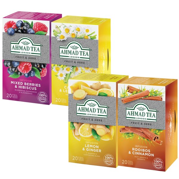 アーマッドティー ハーブティー ティーバッグ 4種 アソート 個包装 20袋 x 4個 ミックスベリー カモミール & レモングラス レモン & ジンジャー ルイボス & シナモン AHMAD TEA ノンカフェイン 詰め合わせ