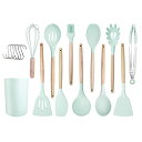 hiino kano キッチンツール セット 調理器具 製菓器具 台所用品 耐熱シリコン 木製ハンドル 食洗機対応 和洋中料理に適用 抗菌 傷つかない フライ返し おたま 泡立て器 スプーンなど13点/14点セット 収納しやすいもの付き