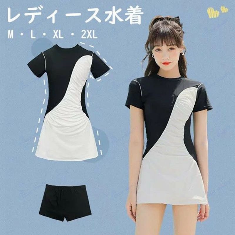 ブラック 女性用 シンプル セクシー 温泉 夏 ジュニア パッド付 リゾート 半袖 2点セット 撮影用 服みたいな 女の子 ワイヤーなし 水着 レディース 旅行 ワンピース水着 サマー 着痩せ 写真映え 海 オシャレ 大人 学生 プール かわいい