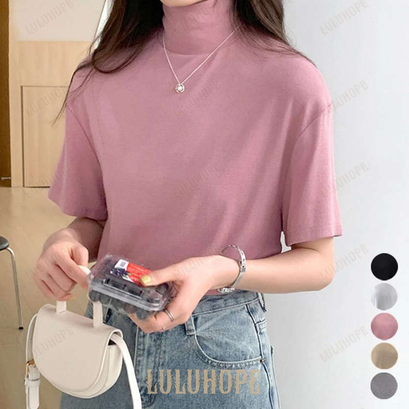 乐天商城 - 春 夏 秋 ハイネック 半袖Tシャツ レディース 薄手 トップス おしゃれ カジュアル シンプル きれいめ 体型カバー ストレッチ リラックス フェミニン 涼しい 春コーデ 秋コーデ トレンド 人気 着回し 無地 高品質 通勤 スポーティ ナチュラル