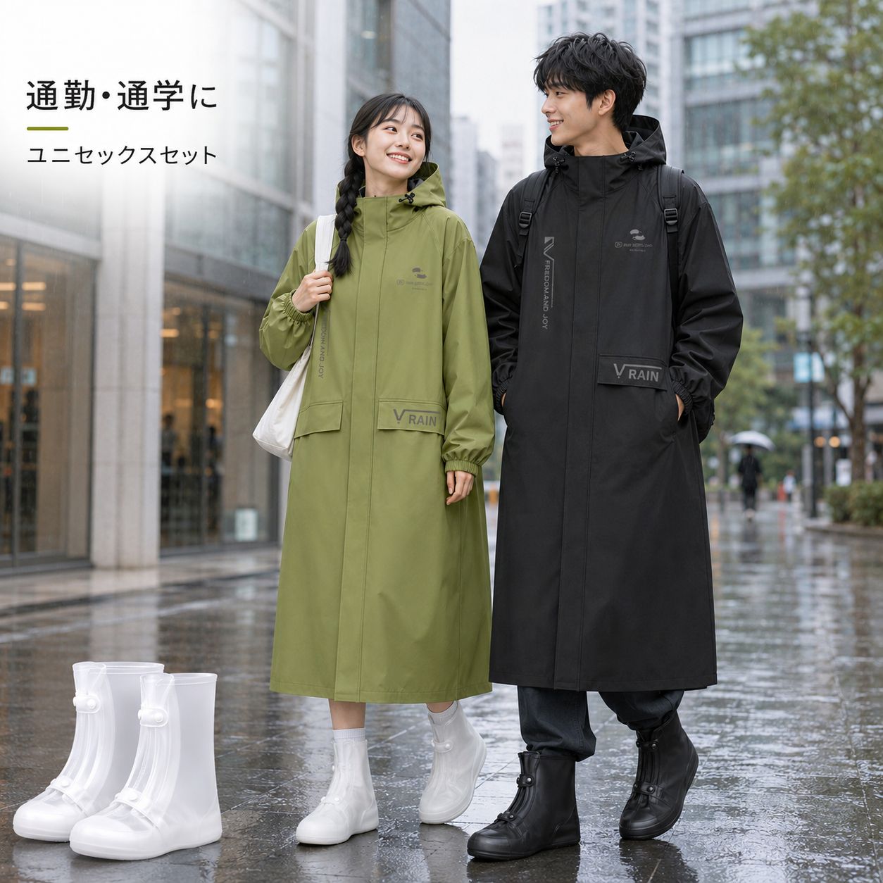 男女兼用 レインコート レインシューズカバー セット ユニセックス ロング丈 防水 メンズ レディース 自転車 バイク 通勤 通学