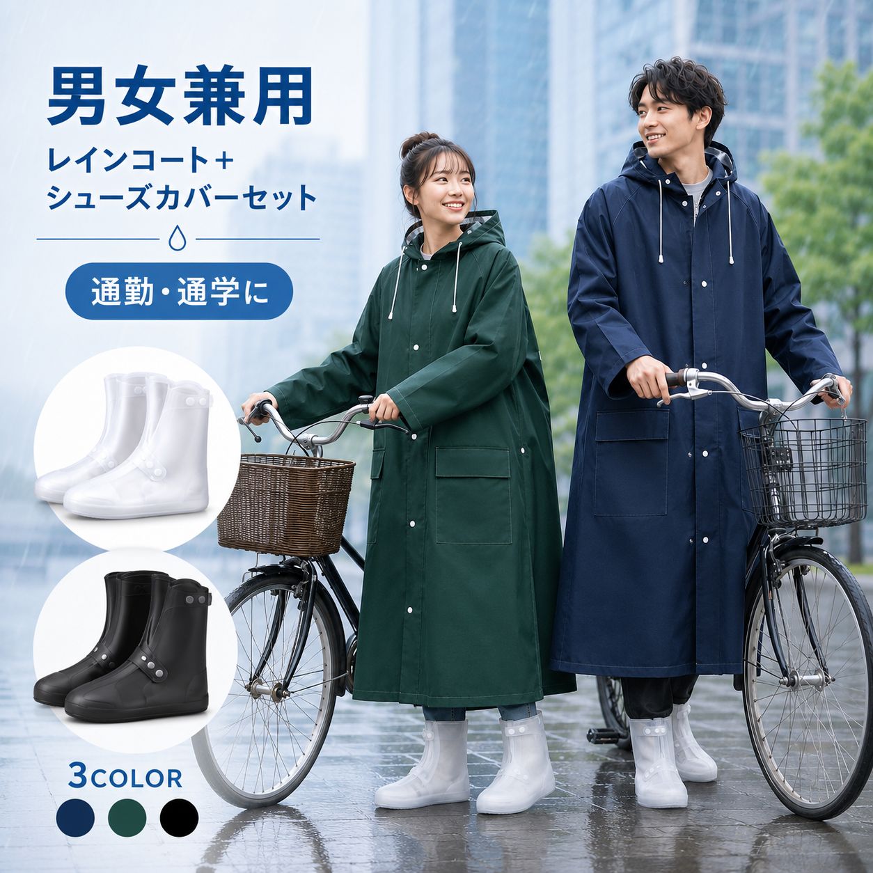 雨の日の全身対策を、便利な2点セットで。 男女兼用ロングレインコート＋防水レインシューズカバー セット内容 ・男女兼用ロングレインコート × 1着 ・防水レインシューズカバー × 1足（左右セット） 雨の日の自転車、通勤、通学、買い物、送迎、屋外作業などに便利なレインウェアセットです。 雨衣だけでは濡れやすい靴までまとめてカバーできます。 レインコートのおすすめポイント EVA防水素材 軽くて柔らかなEVA素材を採用。水滴をはじきやすく、雨の日も動きやすい着心地です。 耐水圧10,000mmH2O 高い耐水圧で雨の侵入を抑え、通勤・通学や自転車移動をサポートします。 二重前立て 外側スナップ前立て、内側止水ファスナー、防水フラップを組み合わせ、前開き部分からの雨の侵入を抑えます。 リュック対応 背中にゆとりを持たせた設計で、リュックを背負ったまま上から着用できます。 ロング丈 膝下まで覆いやすいロング設計。一般的なショート丈の雨具では濡れやすい脚まわりをカバーします。 着脱式二重つば 透明つばが顔まわりを雨から守りながら、前方の視界を確保。スナップボタンで簡単に着脱できます。 背面反射テープ 背面の反射テープが暗い道での視認性を高め、夜間の自転車移動をサポートします。 防水袖口 内側のゴム仕様が手首にフィットし、袖口からの雨や風の侵入を抑えます。 大容量ポケット フラップ付きの大きめポケットを配置。スマートフォン、財布、鍵などの小物収納に便利です。 軽量設計 重量は約0.6kg。軽くて持ち運びやすく、急な雨にも素早く着用できます。 男女兼用 メンズ・レディースどちらにも合わせやすいシンプルなユニセックスデザインです。 防水レインシューズカバー 普段の靴の上から履けるミドル丈の防水シューズカバーです。 ・ホワイト、ブラックの2色展開 ・足首側と甲側を固定するダブルスナップ仕様 ・大きく開いて着脱しやすい設計 ・凹凸のある滑りにくい靴底 ・柔らかく折りたたみ可能 ・男女兼用 ・通勤、通学、自転車、バイク、屋外作業に便利 レインコートサイズ表 サイズ 適応身長 着丈 胸囲 裄丈 M 150～160cm 107cm 118cm 75cm L 160～170cm 114cm 128cm 80cm XL 170～185cm 123cm 134cm 84cm レインコートカラー A ネイビー B ダークグリーン C ブラック シューズカバーサイズ目安 普段の靴サイズ キャンバス・フラット スニーカー 登山靴・ブーツ 34～35 S S M 36～37 S M L 38～39 M L XL 40～41 L XL 2XL 42～43 XL 2XL 3XL 44～45 2XL 3XL 3XL シューズカバーのサイズ選び ・薄底のフラットシューズ、キャンバスシューズは小さめサイズが目安です。 ・一般的なスニーカーは通常サイズを目安にしてください。 ・厚底スニーカー、登山靴、ブーツ類は大きめサイズがおすすめです。 ・靴幅、靴底の厚み、つま先の形により着用感が異なります。 商品仕様 商品名：男女兼用ロングレインコート＋防水シューズカバーセット レインコート素材：EVA レインコートカラー：ネイビー／ダークグリーン／ブラック レインコートサイズ：M／L／XL 重量：約0.6kg シューズカバーカラー：ホワイト／ブラック シューズカバーサイズ：S／M／L／XL／2XL／3XL 対象：男女兼用 使用シーン：自転車／通勤／通学／買い物／送迎／バイク／屋外作業／梅雨対策 ご購入前にご確認ください ※完全防水を保証するものではありません。長時間の強い雨や使用状況により、開口部や縫い目から水が浸入する場合があります。 ※サイズは体型、着用する衣類、リュックの厚みによりフィット感が異なります。 ※シューズカバーは靴幅、靴底の厚み、靴の形状により着用感が異なります。 ※濡れたタイル、金属面、マンホール、階段などでは滑る場合があります。 ※強風時は透明つばが外れる場合があります。 ※モニターや照明環境により、実際の商品と色味が異なる場合があります。 ※入荷時期により、色味や細部の仕様が若干変更される場合があります。