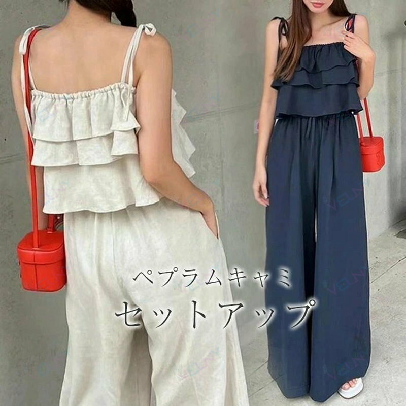 Pants Suit - セットアップ　レディース 2点セット ノースリーブトップス ストレートパンツ tシャツ ロングパンツ 上下セット キャミソール ワイトパンツ 無地 ノースリーブ 着痩せ おしゃれ ゆったり春 夏 秋
