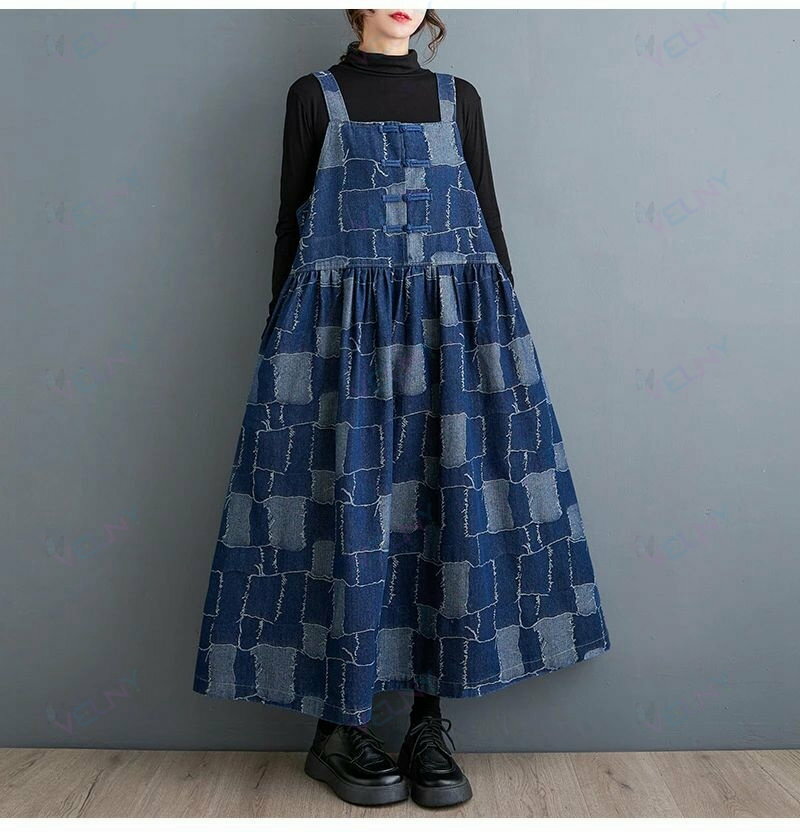 サロペット スカート レディース デニム ロング ワンピース オーバーオール ゆったり ジャンパースカート ふんわり ワンピース オールインワン マキシ チェック柄 大きいサイズ 3