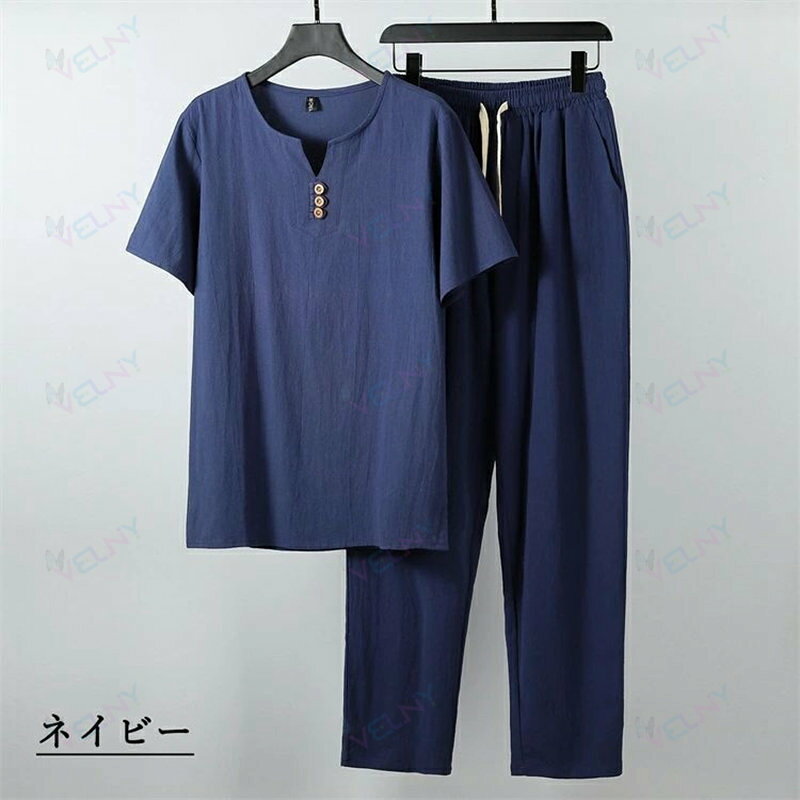 Velnyの甚平 メンズ おしゃれ パジャマ セットアップ 作務衣 綿 麻 涼しい 男性 ボタン セットアップ 男性 半袖 部屋着 ルームウェア 上下セット コットン じんべい 大きいサイズ 寝巻き 入院 夏用｜アングル2