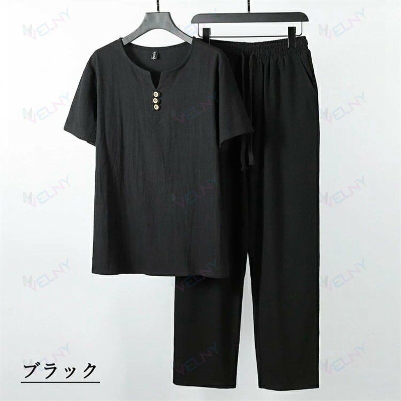 Velnyの甚平 メンズ おしゃれ パジャマ セットアップ 作務衣 綿 麻 涼しい 男性 ボタン セットアップ 男性 半袖 部屋着 ルームウェア 上下セット コットン じんべい 大きいサイズ 寝巻き 入院 夏用｜アングル3