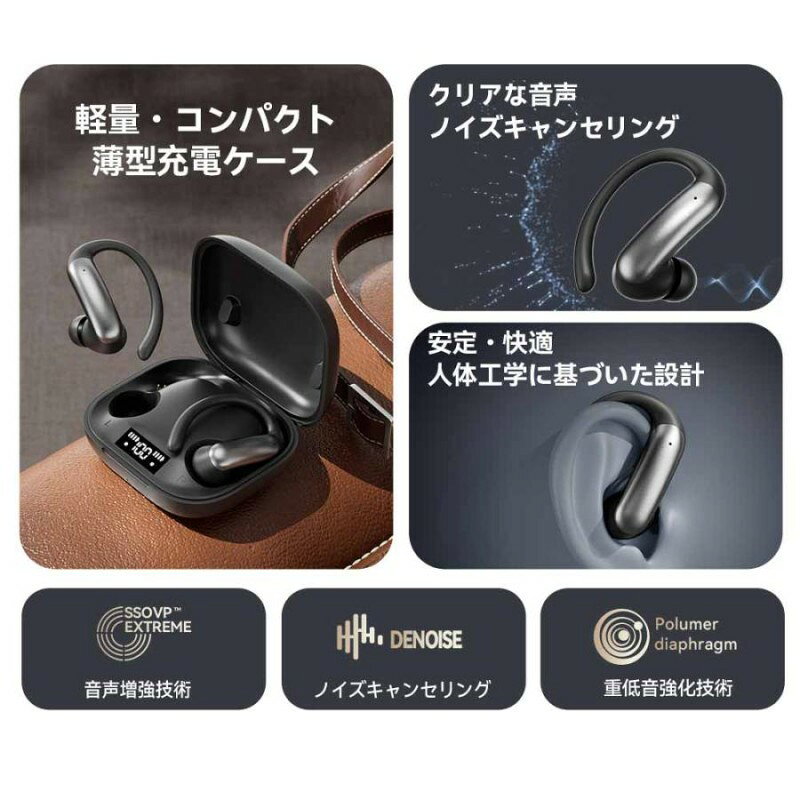 ワイヤレスイヤホン Bluetooth 6.0 ワイヤレス オープンイヤー型 ワイヤレスイヤホン 耳掛け 液晶付き イヤホン 骨伝導イヤホン OWSイヤホン イヤホン ブルートゥース イヤホン 耳掛け 瞬時接続 Hi-Fi高音質 ノイズキャンセリング vender-10000243 VENDER サンプル画像2