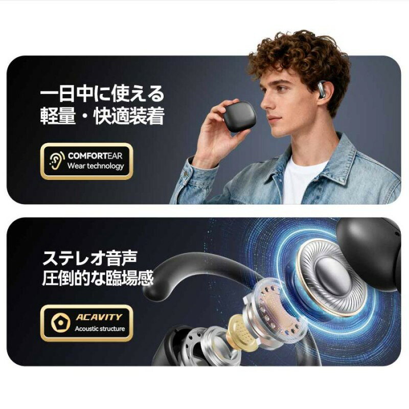 ワイヤレスイヤホン Bluetooth 6.0 ワイヤレス オープンイヤー型 ワイヤレスイヤホン 耳掛け 液晶付き イヤホン 骨伝導イヤホン OWSイヤホン イヤホン ブルートゥース イヤホン 耳掛け 瞬時接続 Hi-Fi高音質 ノイズキャンセリング vender-10000243 VENDER サンプル画像3