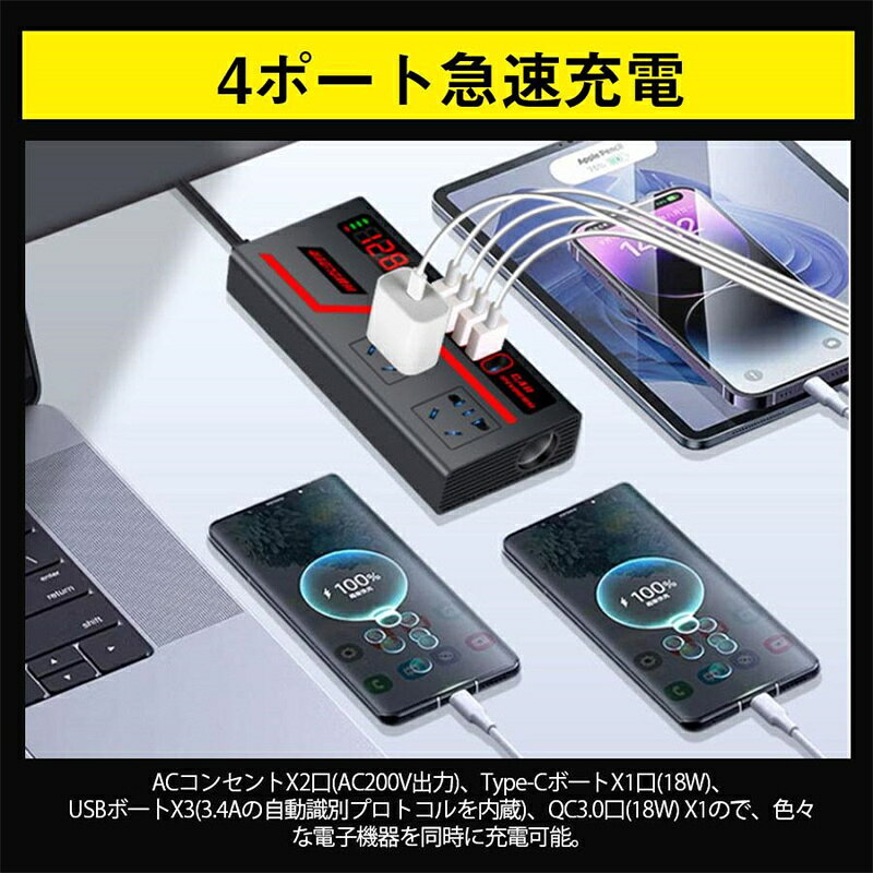 カーインバーター 車載インバーター インバーター 200W 車載充電器 ACコンセント2...